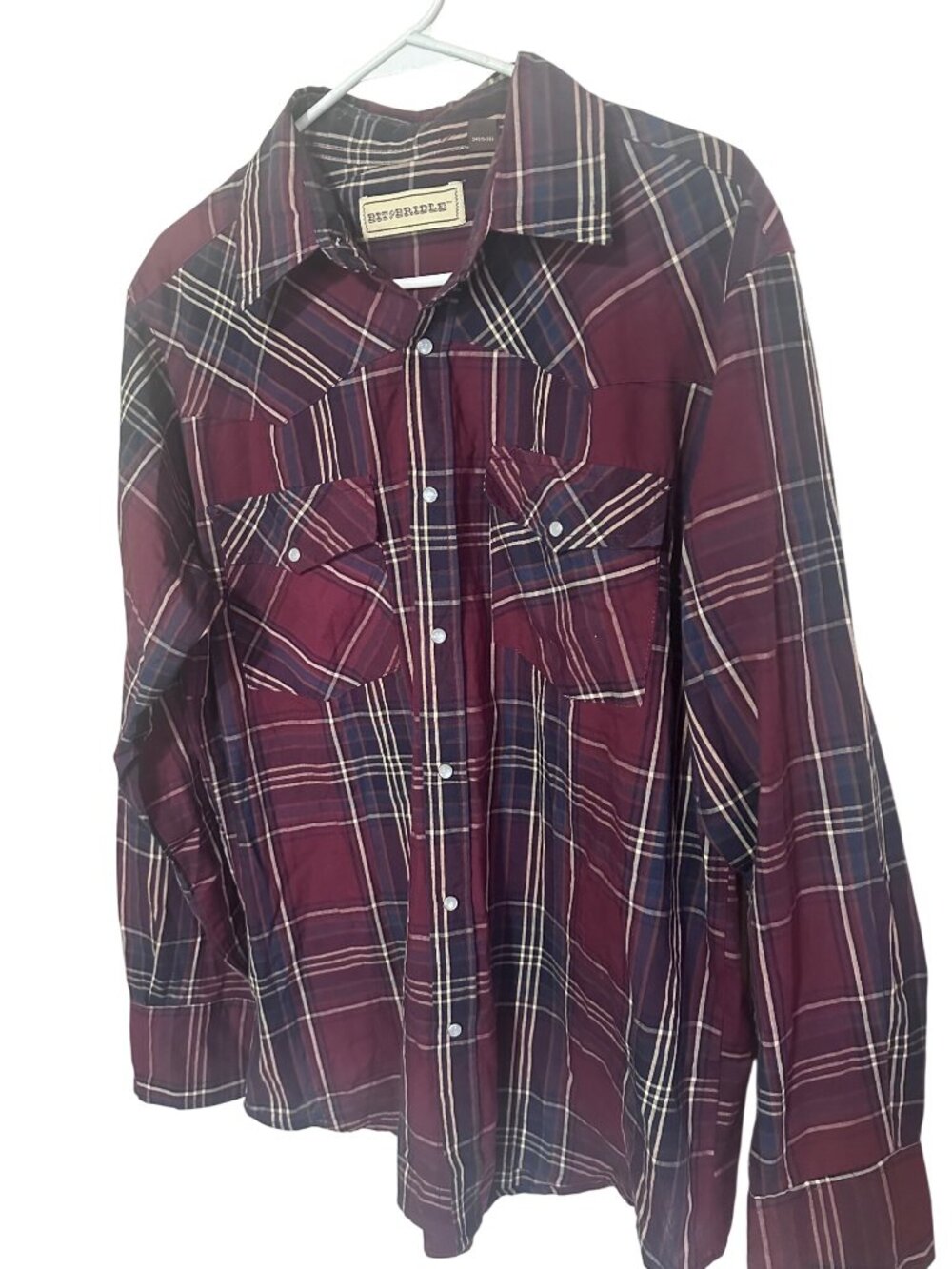 Bit & Bridle red blue and tan plaid snap front shirt size L